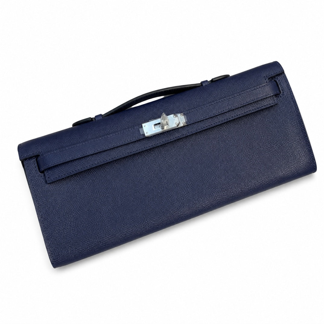 Kelly cut clutch, evening bag, Epsom Leather, waxed thread hand-stitching, sapphire blue, Silver Buckle — Versatile Flat Handbag