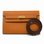 Kelly to go Color: ck37/Gold Size: 19*11.5*1.5cm Leather: Epsom Hardware: Gold Kelly crossbody bag, Golden Brown, cowhide, Gold Buckle, handmade P — Elegant Petite Clutch