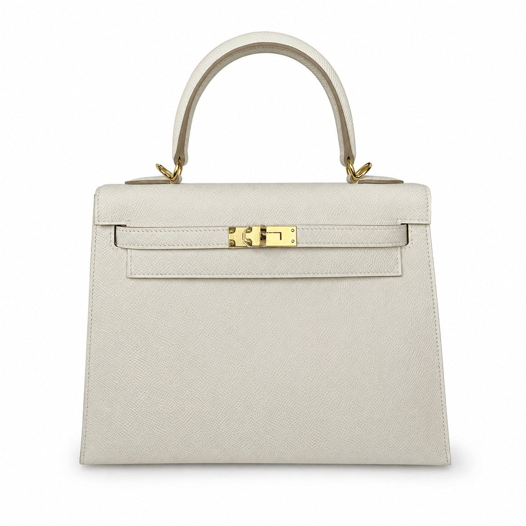 Kelly 25 Milkshake White Epsom Gold Buckle handmade with wax thread — Distinctive Hand-Carry Bag