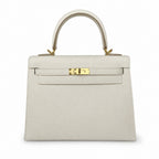 Kelly 25 Milkshake White Epsom Gold Buckle handmade with wax thread — Distinctive Hand-Carry Bag