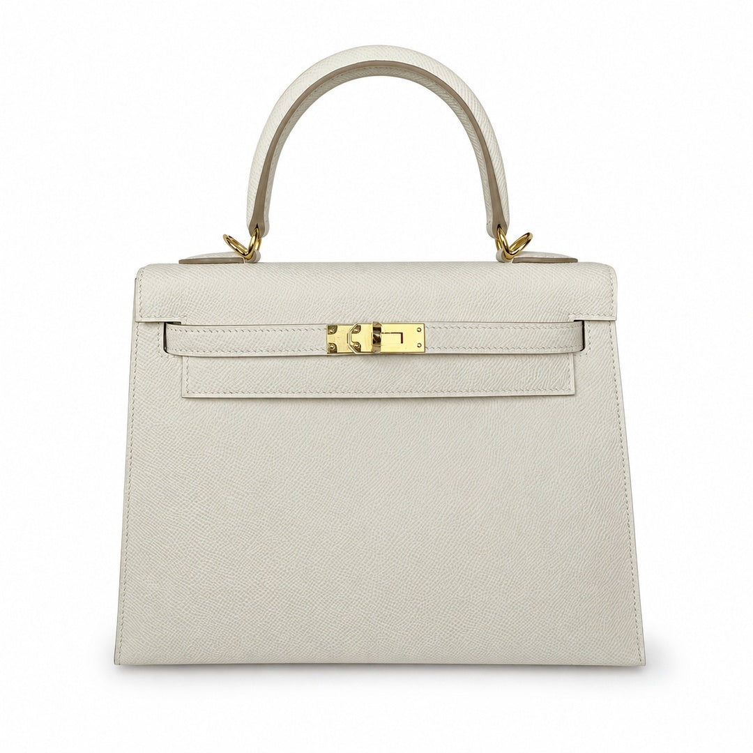 Kelly 25 Milkshake White Epsom Gold Buckle handmade with wax thread — Distinctive Hand-Carry Bag