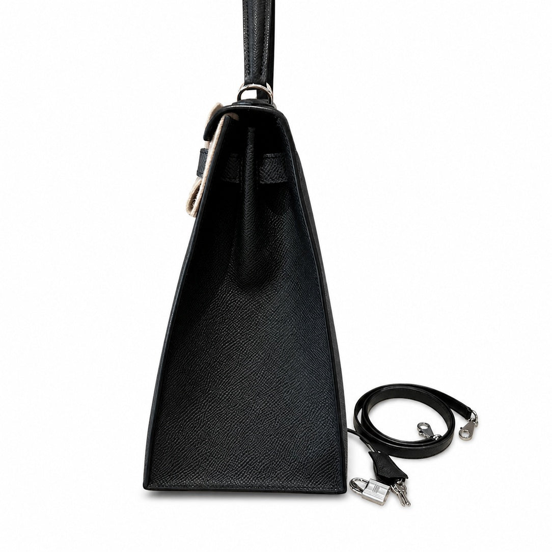 Kelly 32cm in Black Epsom Leather with Silver Buckle Handmade — Timeless Top-Handle Design