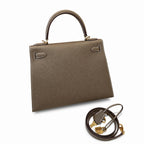 Kelly 28cm in Elephant Gray Epsom Leather with Gold Buckle Handmade — Streamlined Top-Handle Handbag