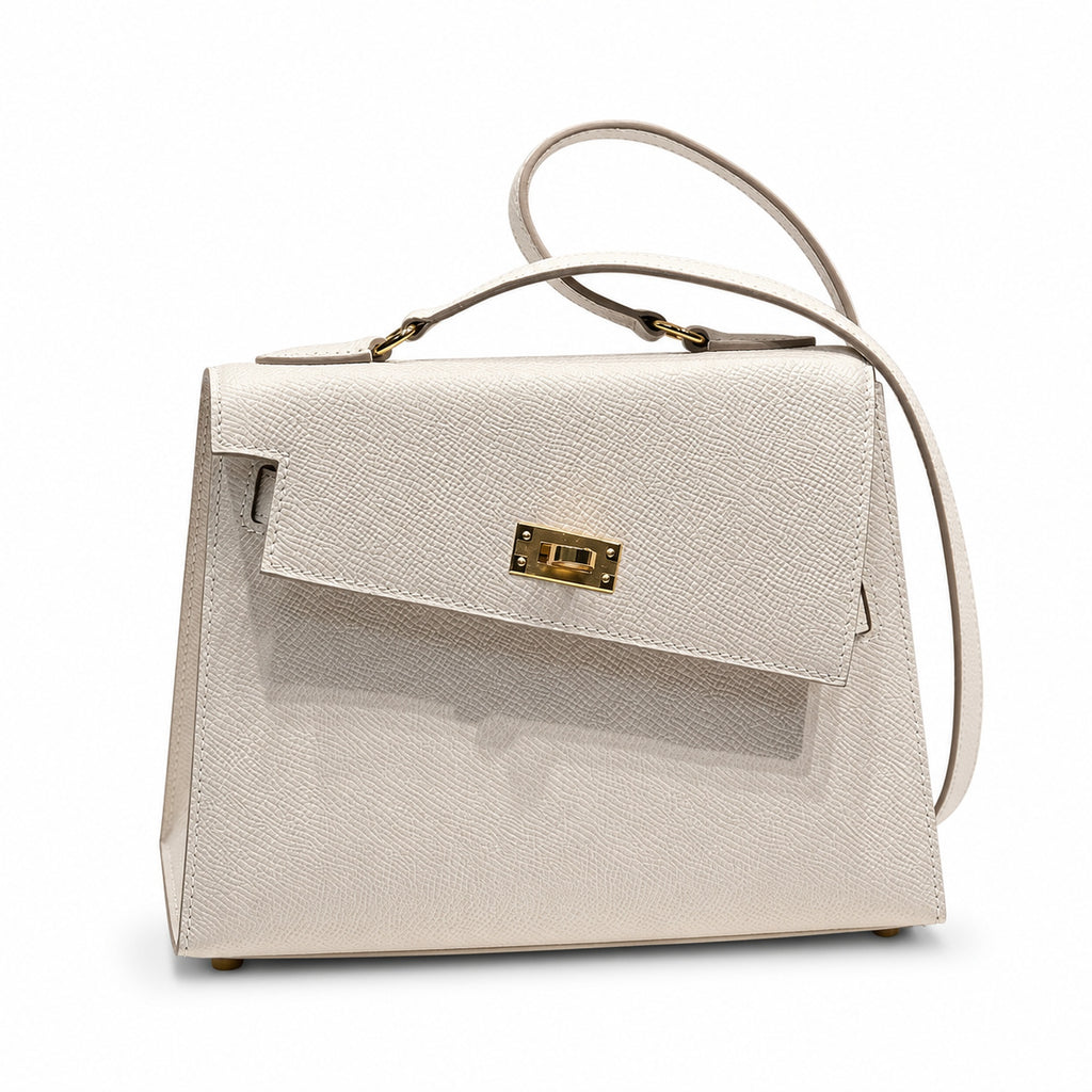 Kelly II SELLIER double-sided Kelly 20cm 10 Milkshake White Epsom Leather Gold Buckle — Elegant Structured Carry Style