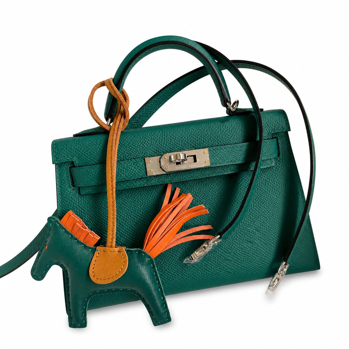 handmade Mini Kelly II 19cm imported Epsom Leather malachite green Silver Buckle — Compact Top-Handle Bag