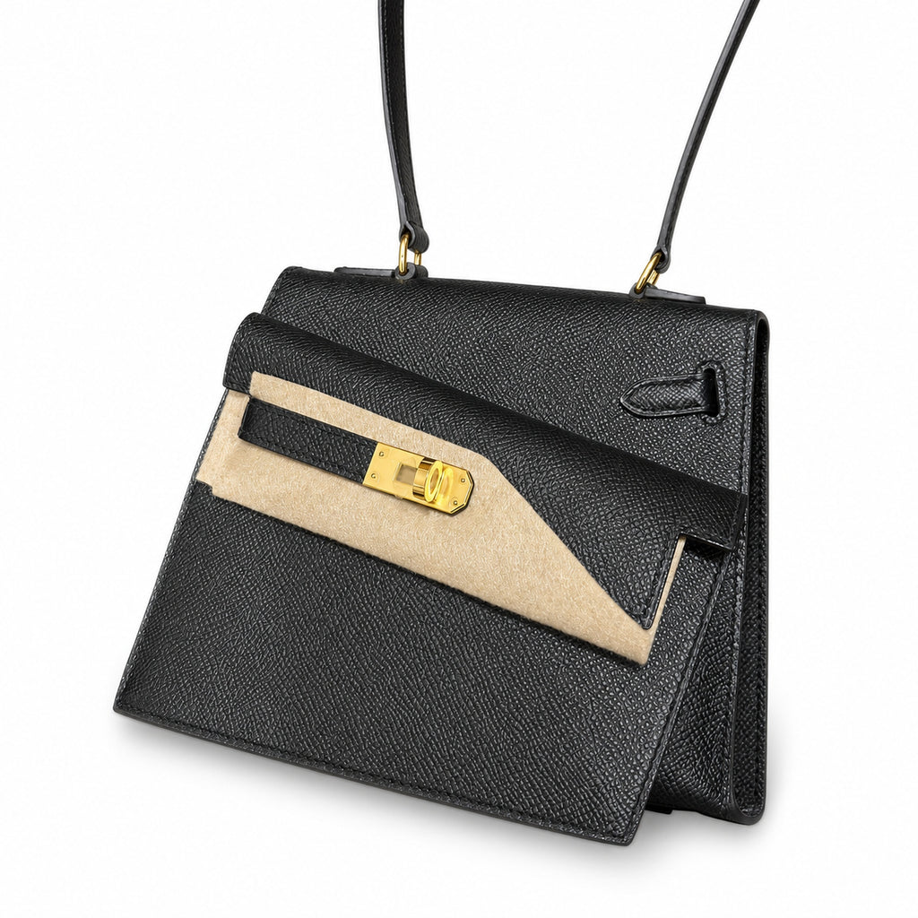Kelly double-sided Desordre Epsom original palm print leather ck89 Black Noir Gold Buckle GHW top hand sewing — Distinctive Double-Sided Handbag