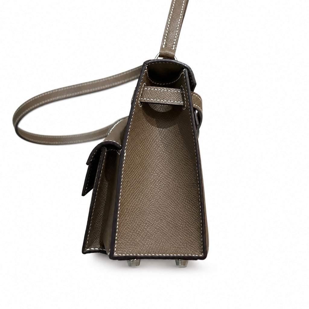 Kelly Double-Sided Epsom Leather in Elephant Gray with Silver Buckle — Polished Two-Sided Top-Handle Bag