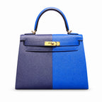 Kelly 28cm Epsom Leather 73 Bleu Saphir sapphire blue combined with 71 Bleu France French blue top handcraft — Refined Top-Handle Bag