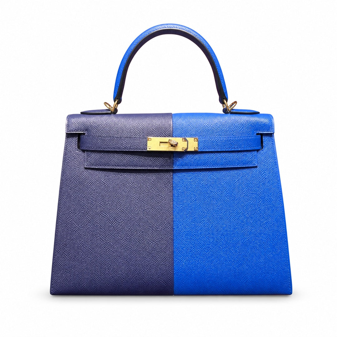 Kelly 28cm Epsom Leather 73 Bleu Saphir sapphire blue combined with 71 Bleu France French blue top handcraft — Refined Top-Handle Bag
