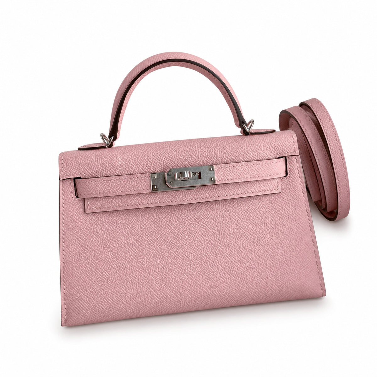 handmade Mini Kelly II 19cm imported Epsom Leather 3Q Pink Silver Buckle — Polished Compact Handbag