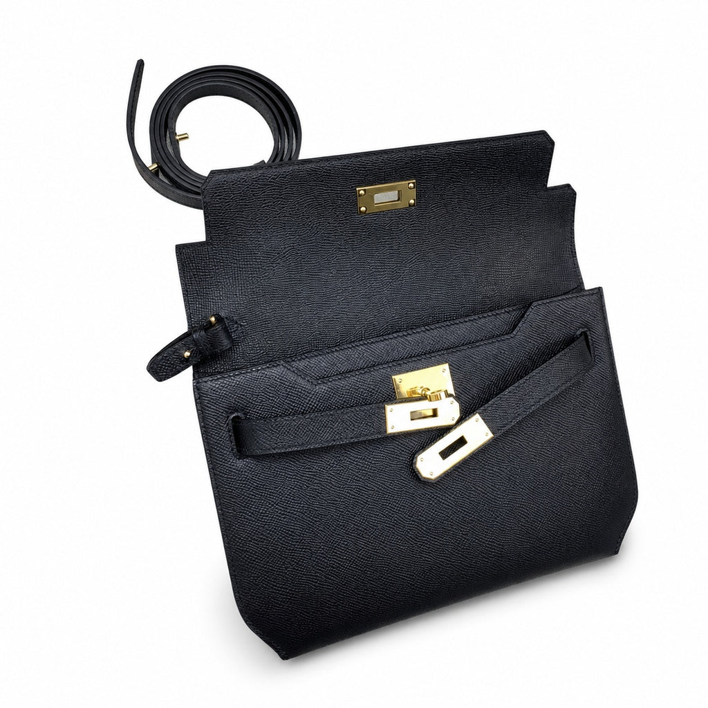 Kelly Depeches 25cm Epsom Leather 89 Black Gold Buckle — Streamlined Clutch Bag