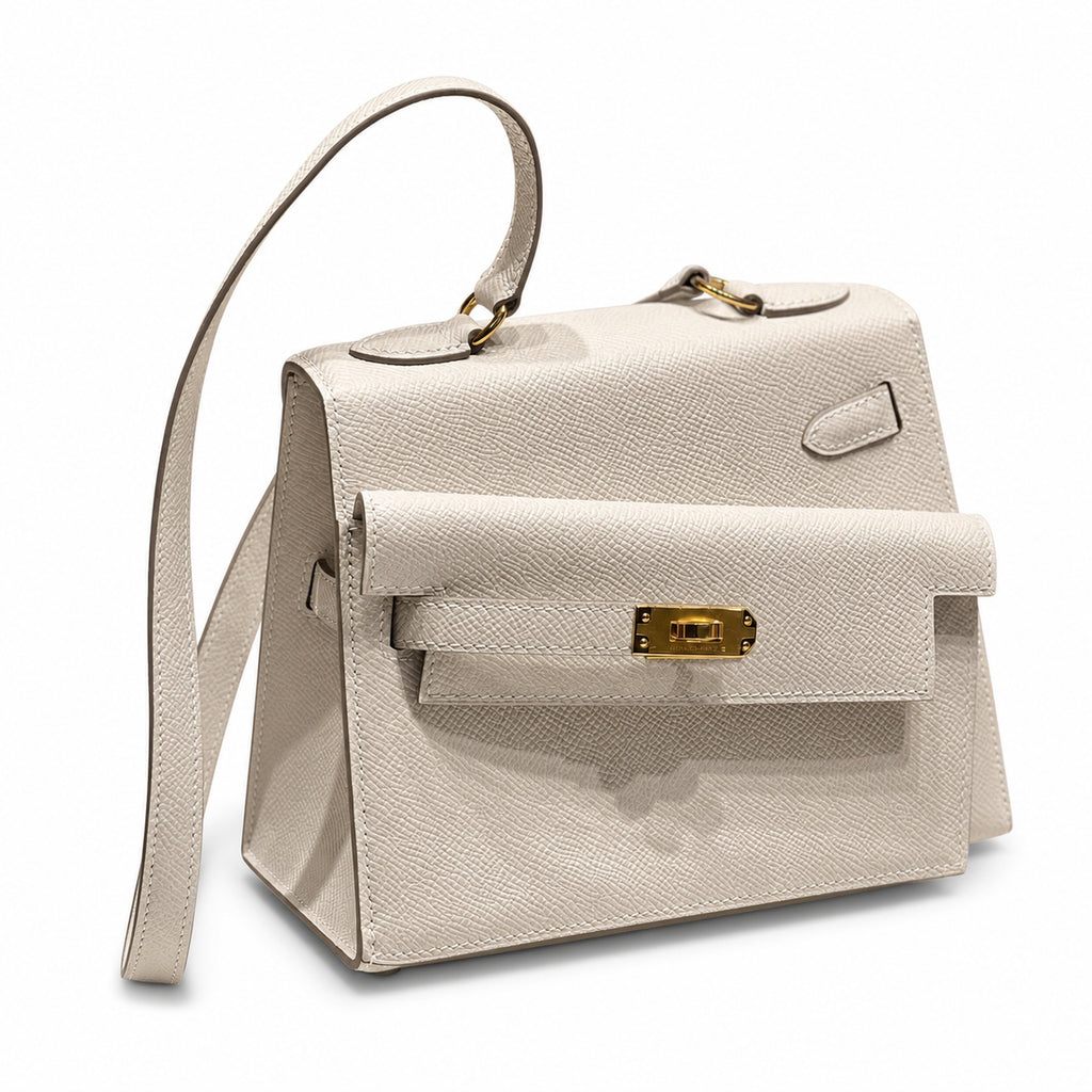 Kelly II SELLIER double-sided Kelly 20cm 10 Milkshake White Epsom Leather Gold Buckle — Elegant Structured Carry Style