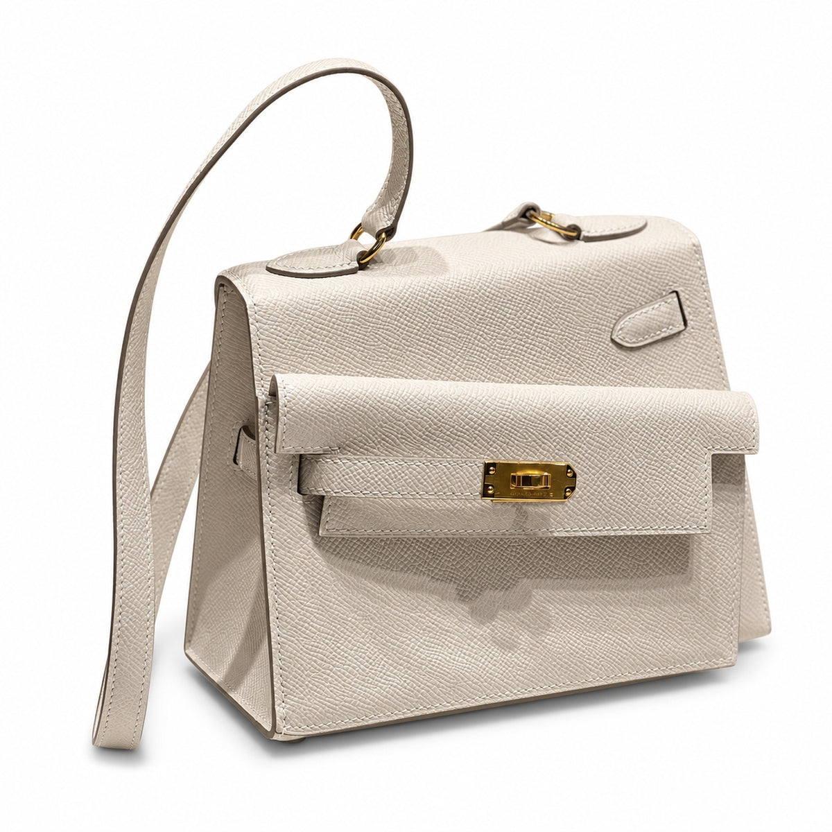 Kelly II SELLIER double-sided Kelly 20cm 10 Milkshake White Epsom Leather Gold Buckle — Elegant Structured Carry Style