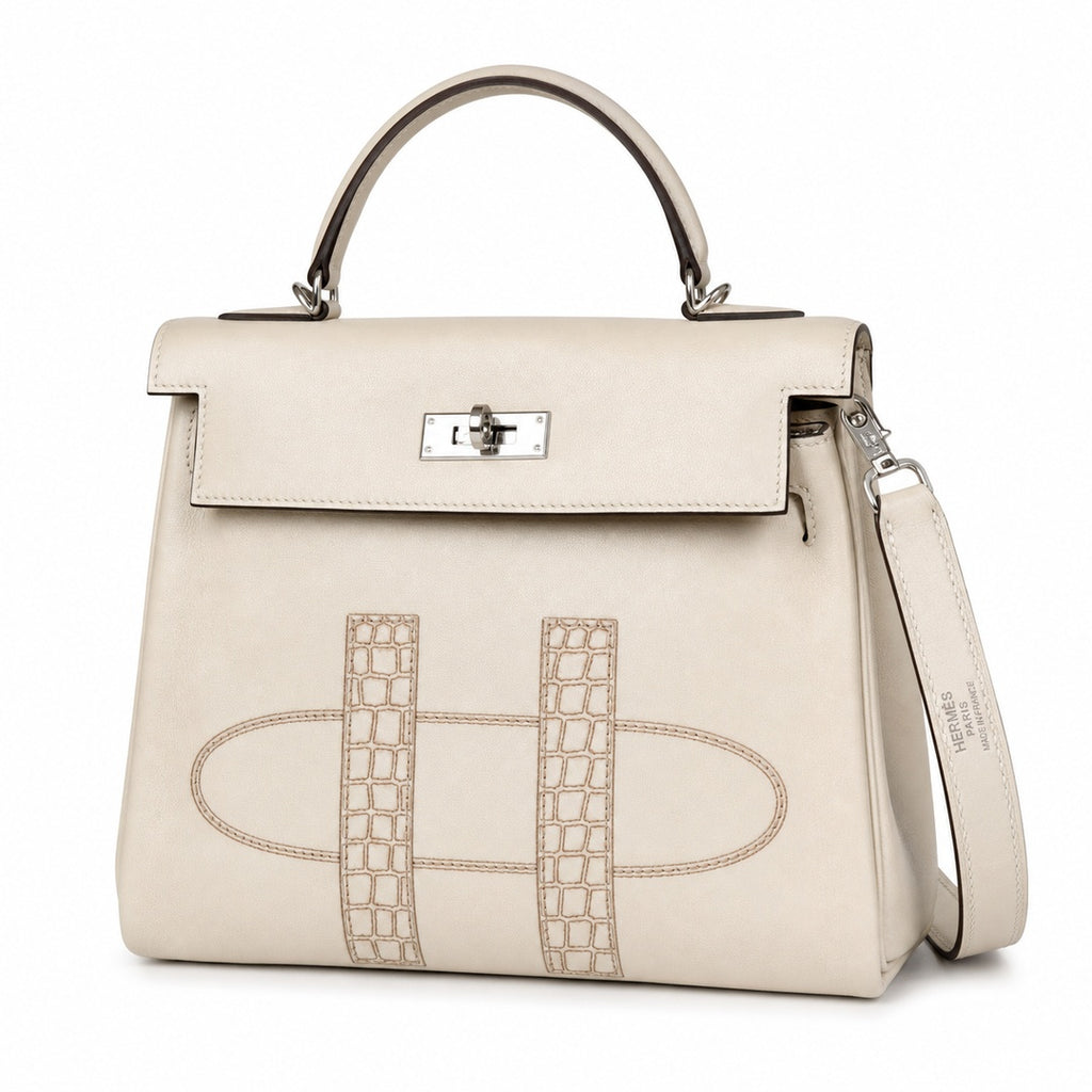 Kelly Graffiti 25cm in Nata Epsom Leather with Silver Buckle Handmade — Distinctive Hand-Carry Bag