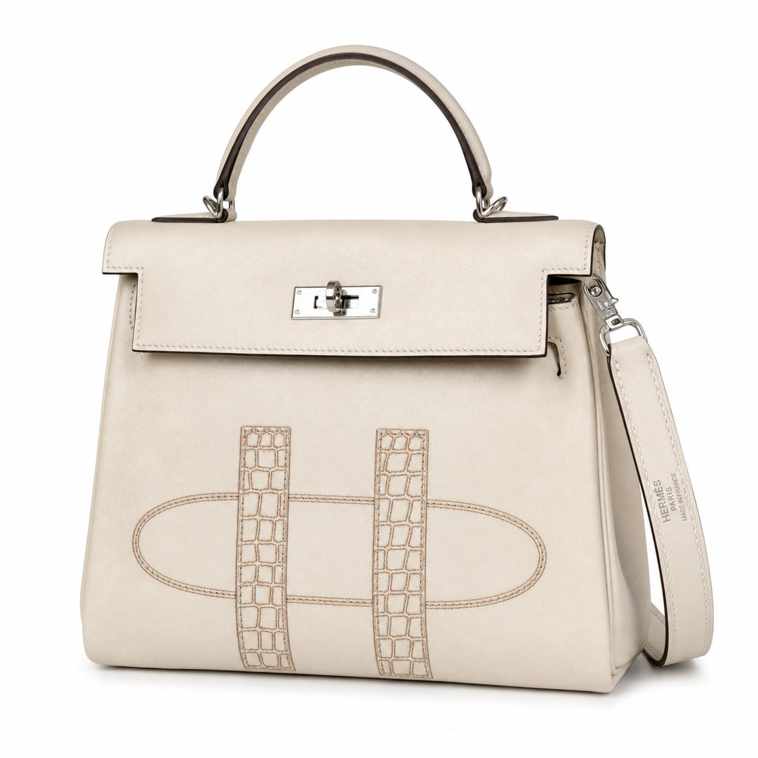Kelly Graffiti 25cm in Nata Epsom Leather with Silver Buckle Handmade — Distinctive Hand-Carry Bag