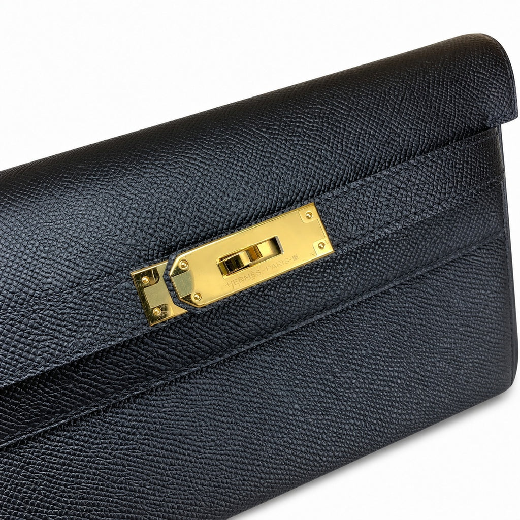 Kelly Depeches 25cm Epsom Leather 89 Black Gold Buckle — Sophisticated Compact Carry