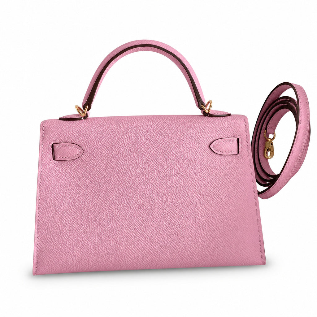 handmade Mini Kelly II 19cm imported Epsom Leather, malva purple, Rose Gold Buckle — Sophisticated Small-Scale Bag