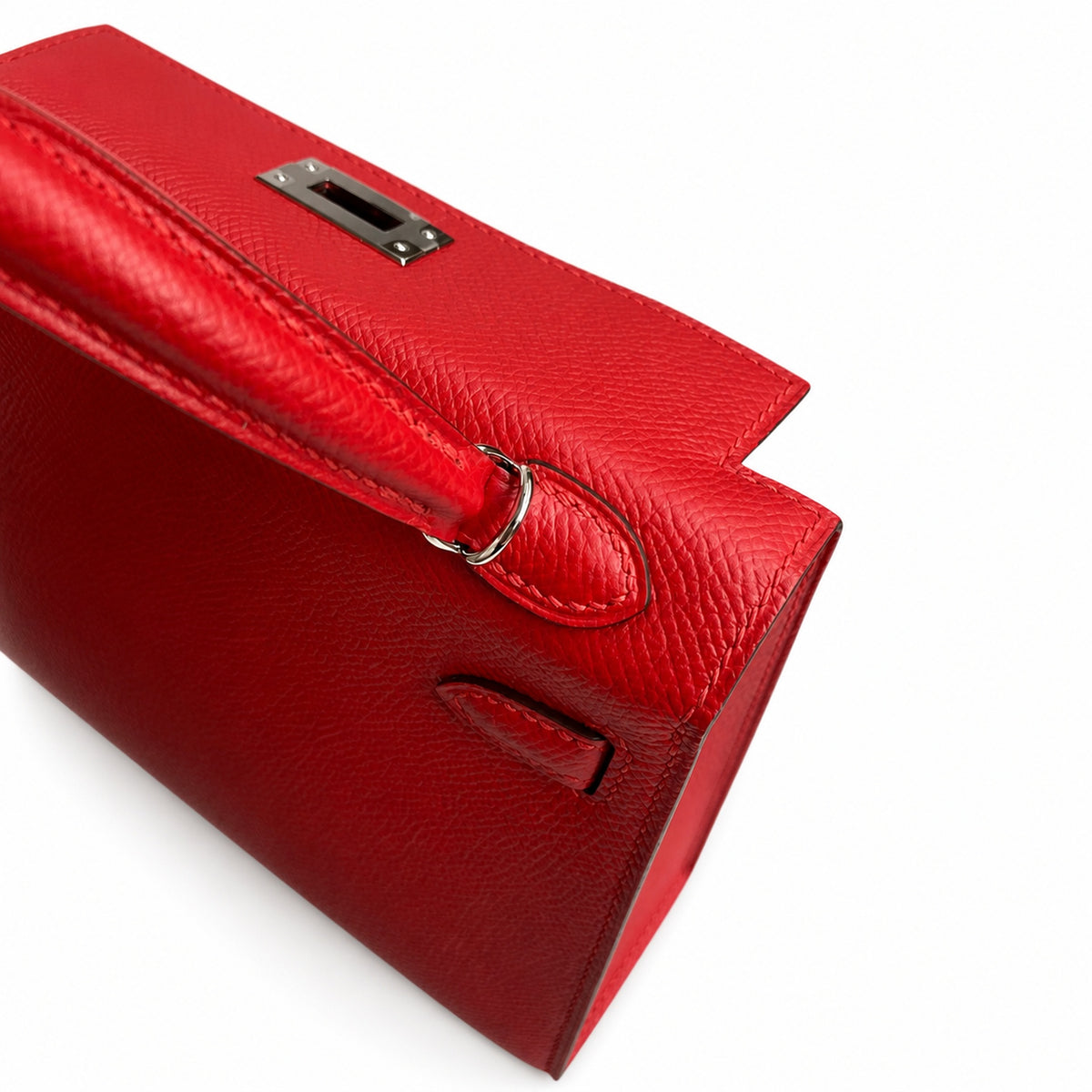 handmade Mini Kelly II 19cm imported Epsom Leather flag Red Silver Buckle — Small Structured Carry Style