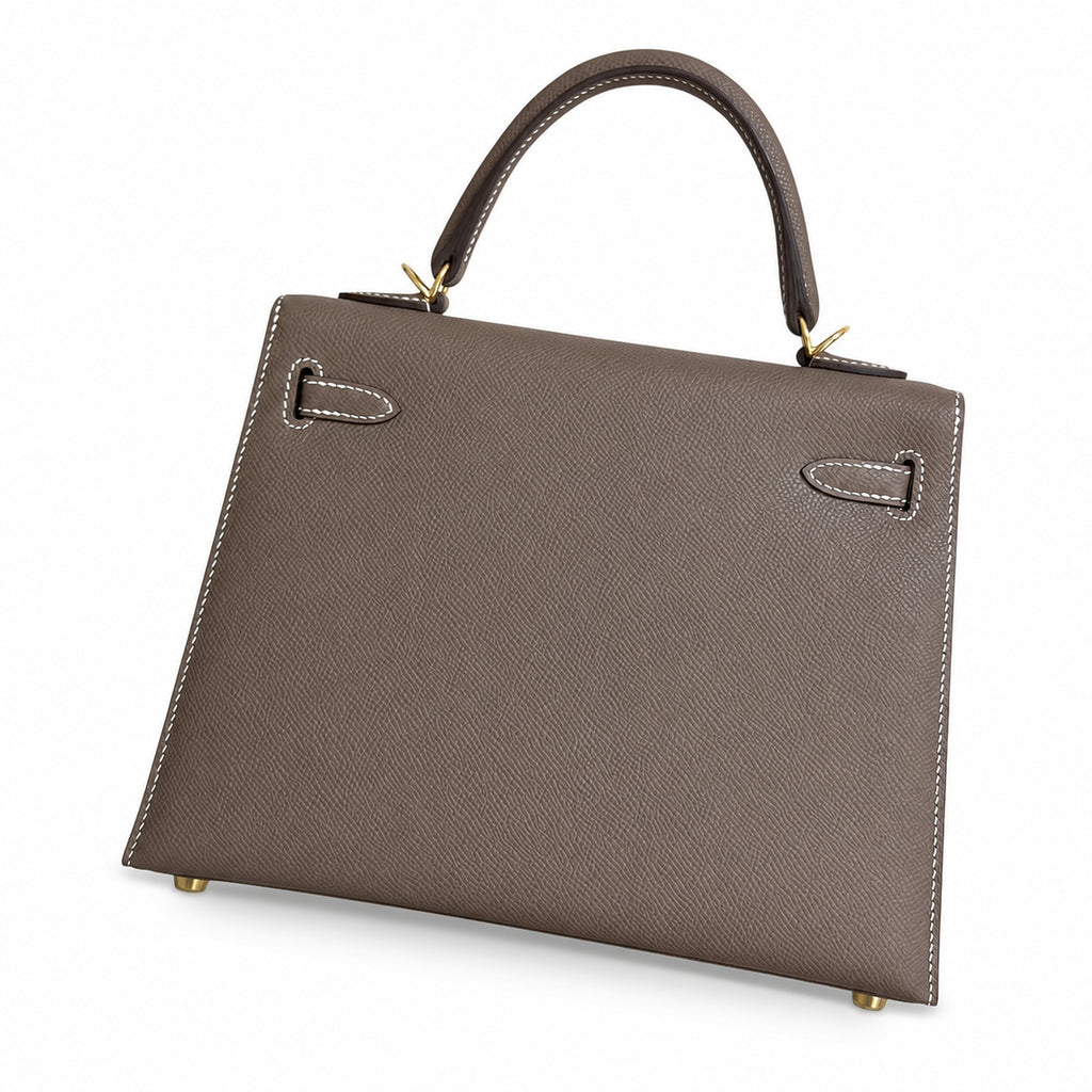 Elephant Gray, Gold and Silver buckles, Kelly 25, imported Epsom — Structured Top-Handle Handbag