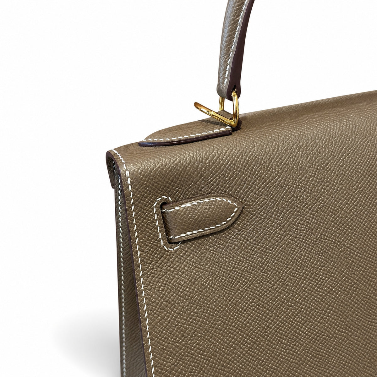 Kelly 28cm in Elephant Gray Epsom Leather with Gold Buckle Handmade — Streamlined Top-Handle Handbag