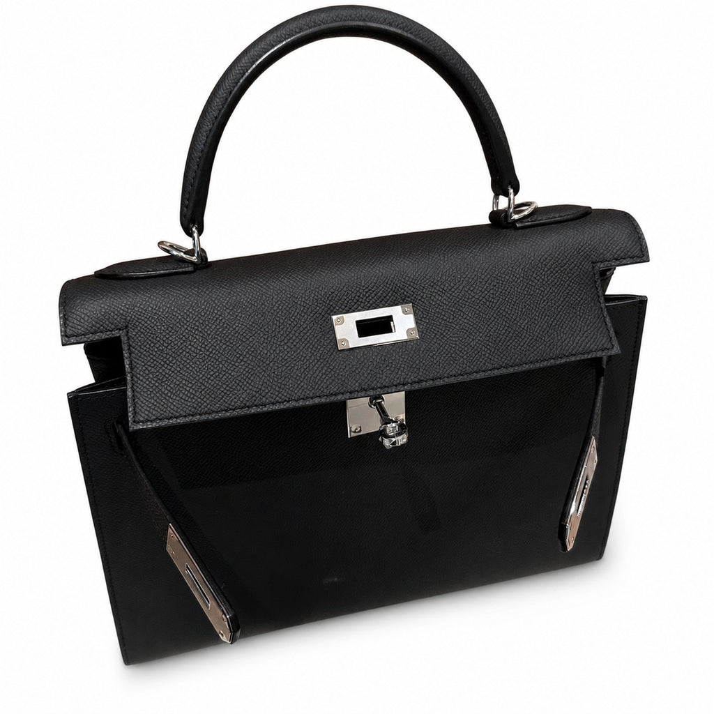 Timeless Top-Handle Design: Kelly 32cm in Black Epsom Leather with Silver Buckle Handmade