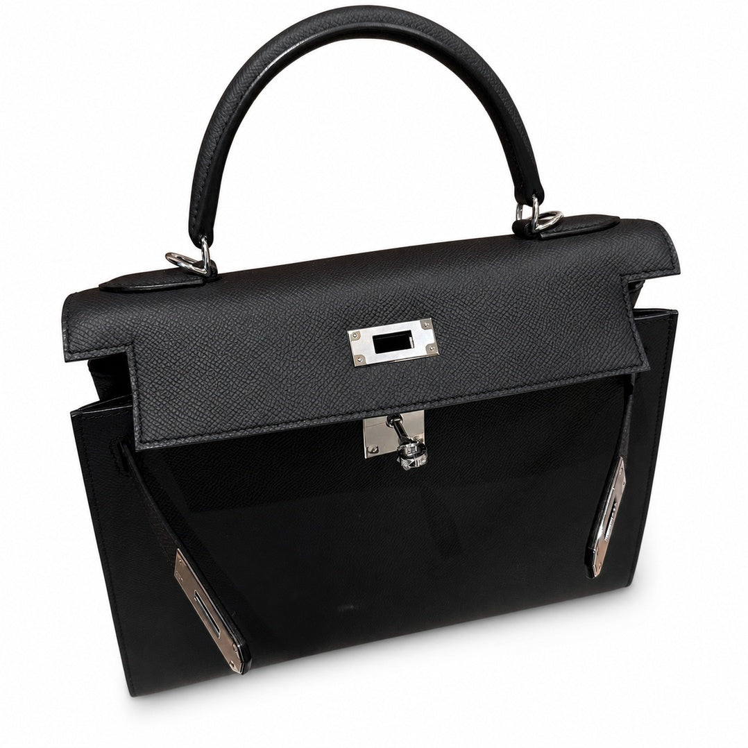 Timeless Top-Handle Design: Kelly 32cm in Black Epsom Leather with Silver Buckle Handmade