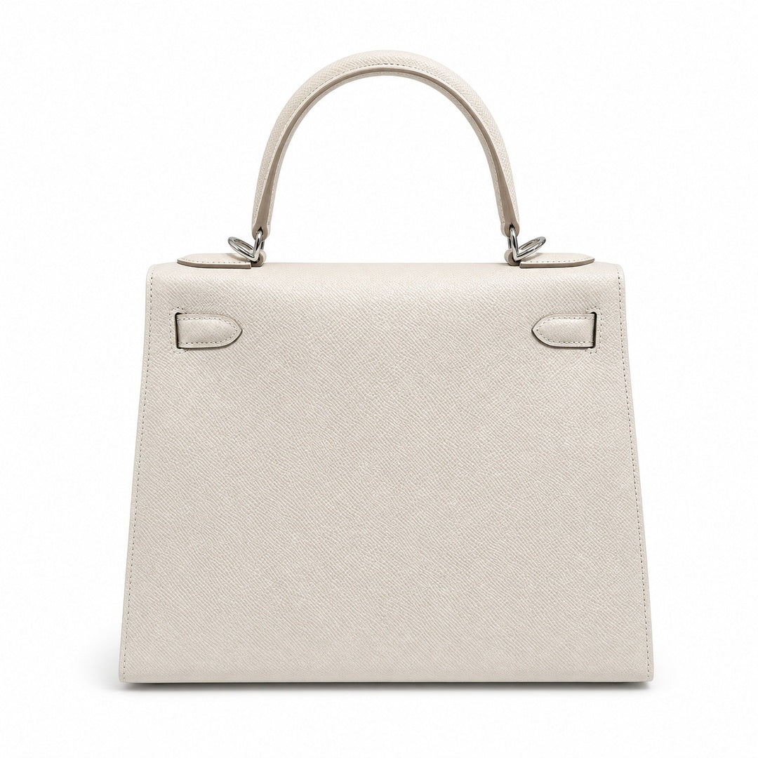 Kelly 28cm in Milkshake White Epsom Leather with Silver Buckle Handmade — Versatile Structured Bag