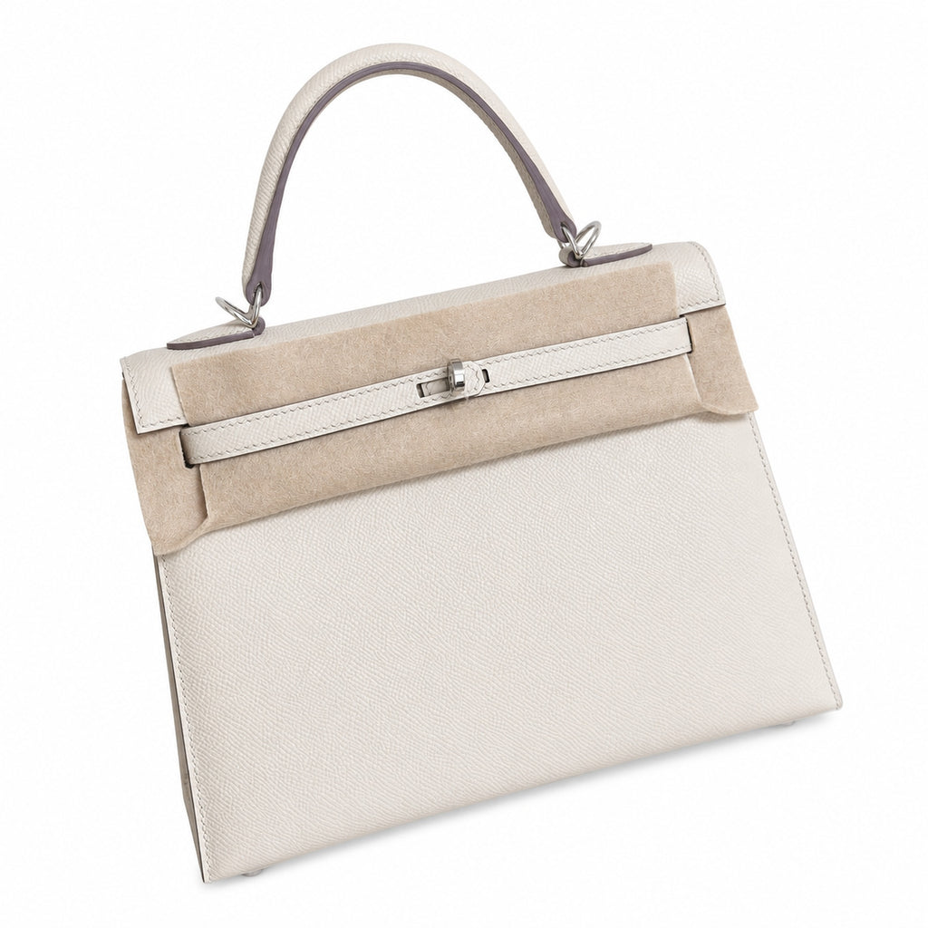 Milkshake White, Gold Buckle and Silver Buckle, Kelly 25, imported Epsom — Polished Structured Handbag
