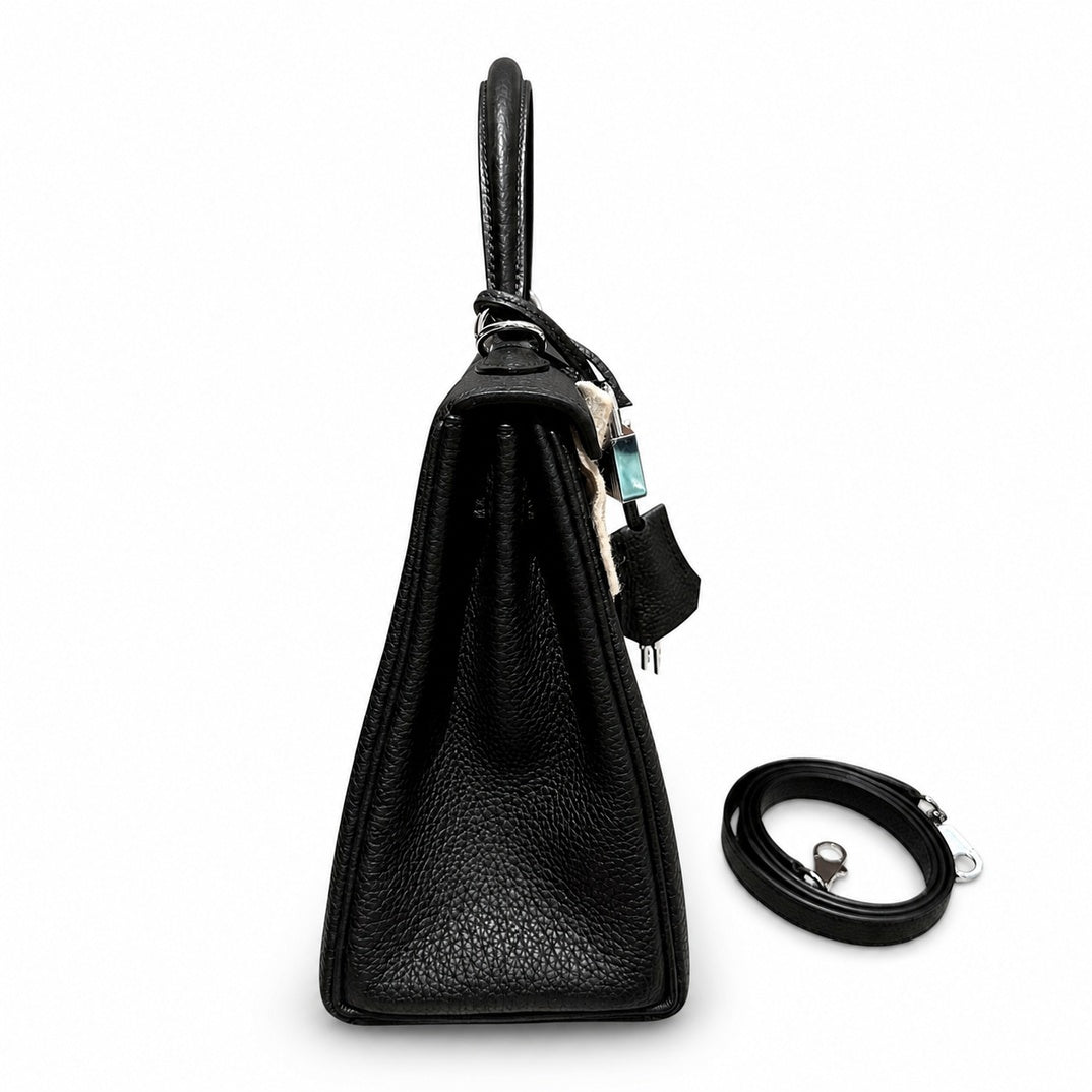 Kelly 25cm in Black Togo Leather with Silver Buckle Handmade — Streamlined Top-Handle Handbag