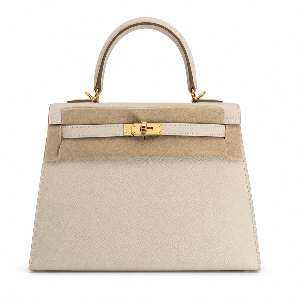 Kelly 25 Milkshake White Epsom Gold Buckle handmade with wax thread — Distinctive Hand-Carry Bag