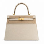 Kelly 25 Milkshake White Epsom Gold Buckle handmade with wax thread — Distinctive Hand-Carry Bag