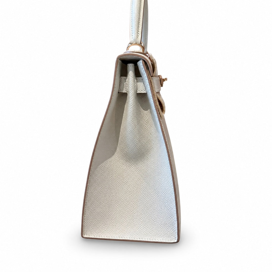 Kelly 28cm in Milkshake White Epsom Leather with Rose Gold Buckle Handmade — Elegant Structured Carry Style