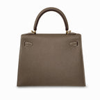 Kelly 25 Elephant Gray Epsom Gold Buckle, fully handmade with wax thread — Classic Hand-Carry Silhouette