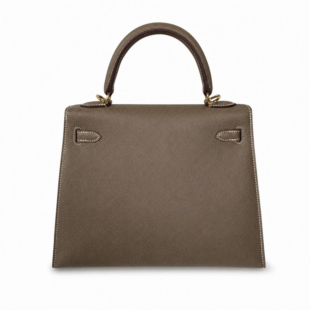 Classic Hand-Carry Silhouette: Kelly 25 Elephant Gray Epsom Gold Buckle, fully handmade with wax thread