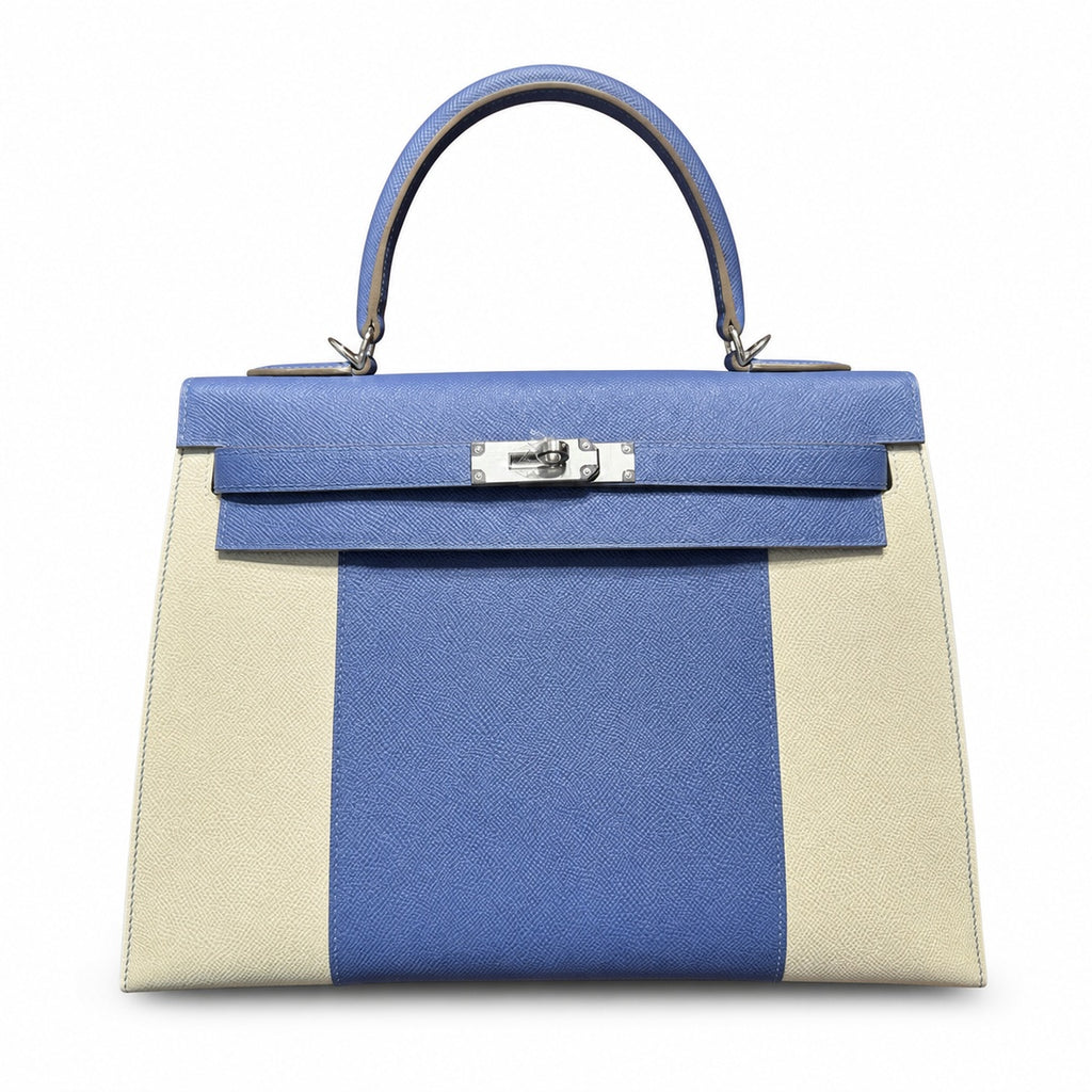 Kelly 32cm Epsom Leather 10 Craie Milkshake White R2 Blue Agate Bright Blue Top Handmade — Polished Structured Handbag