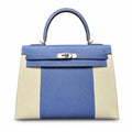 Kelly 32cm Epsom Leather 10 Craie Milkshake White R2 Blue Agate Bright Blue Top Handmade — Polished Structured Handbag