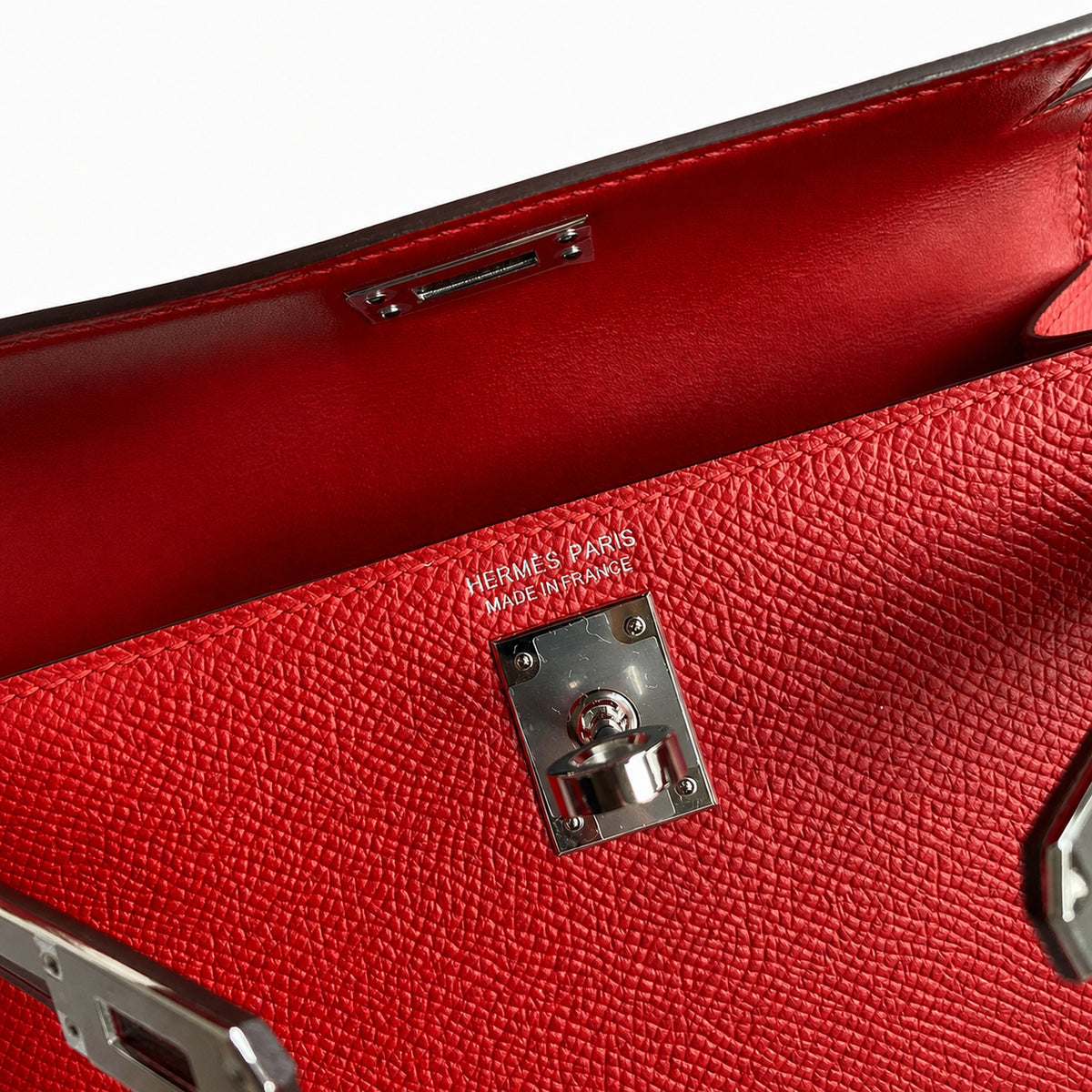 handmade Mini Kelly II 19cm imported Epsom Leather flag Red Silver Buckle — Small Structured Carry Style