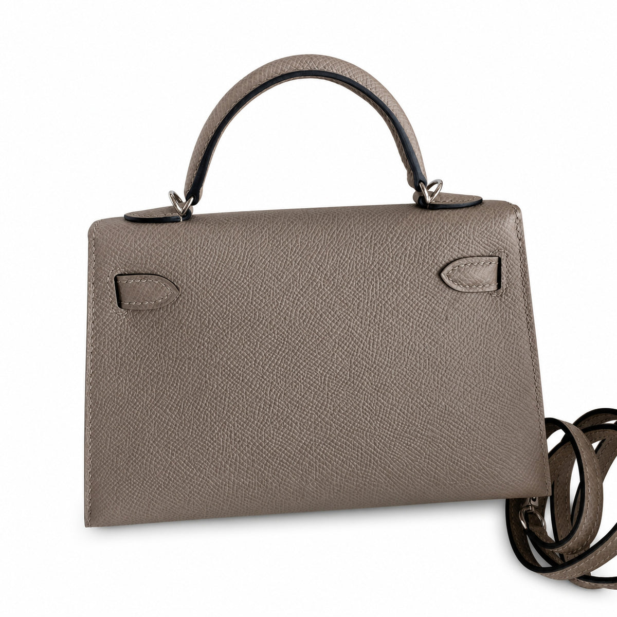 handmade Mini Kelly II 19cm imported Epsom Leather asphalt gray Silver Buckle — Versatile Mini Carry Design