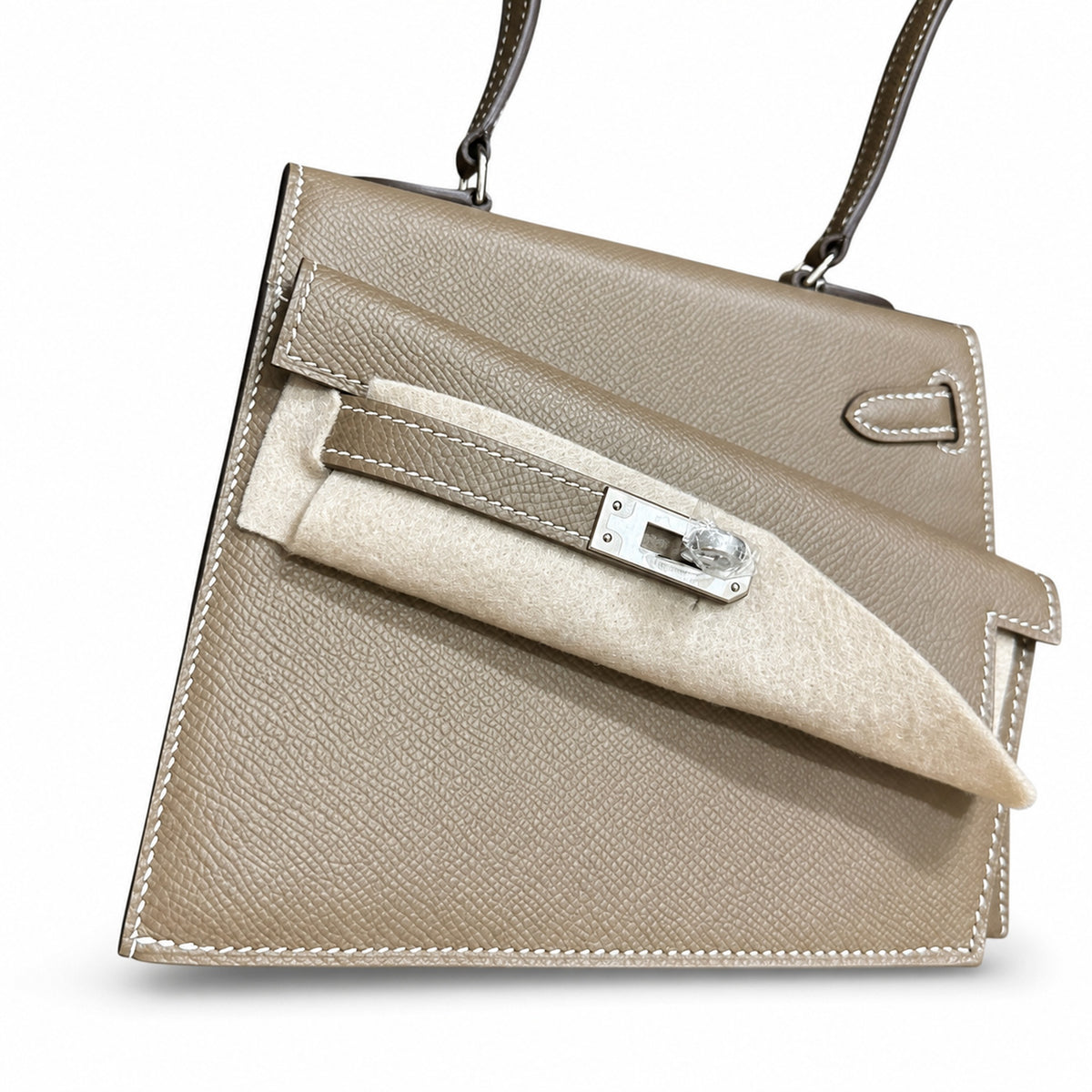 Kelly double-sided Desordre Epsom original palm print leather ck18 Elephant Gray Etoupe Silver Buckle PHW top hand sewing — Elegant Structured Carry Style