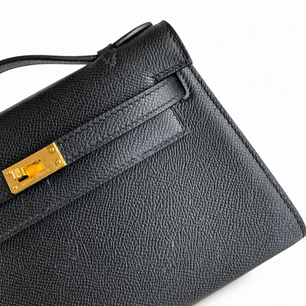 First generation handbag evening bag Kelly 22cm Epsom Leather Black Gold Buckle wax thread — Refined Top-Handle Bag