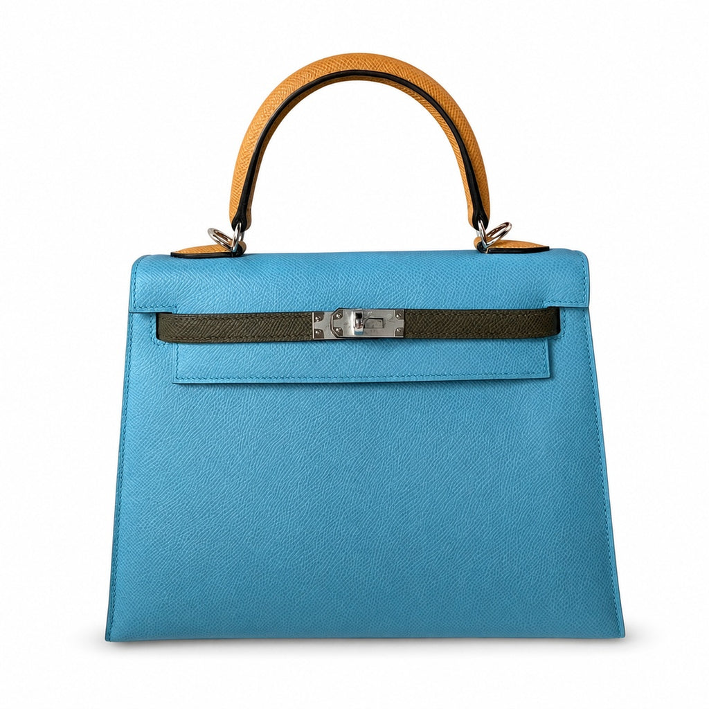 Classic Hand-Carry Silhouette: Kelly 25 northern blue color matching Epsom Silver Buckle handmade