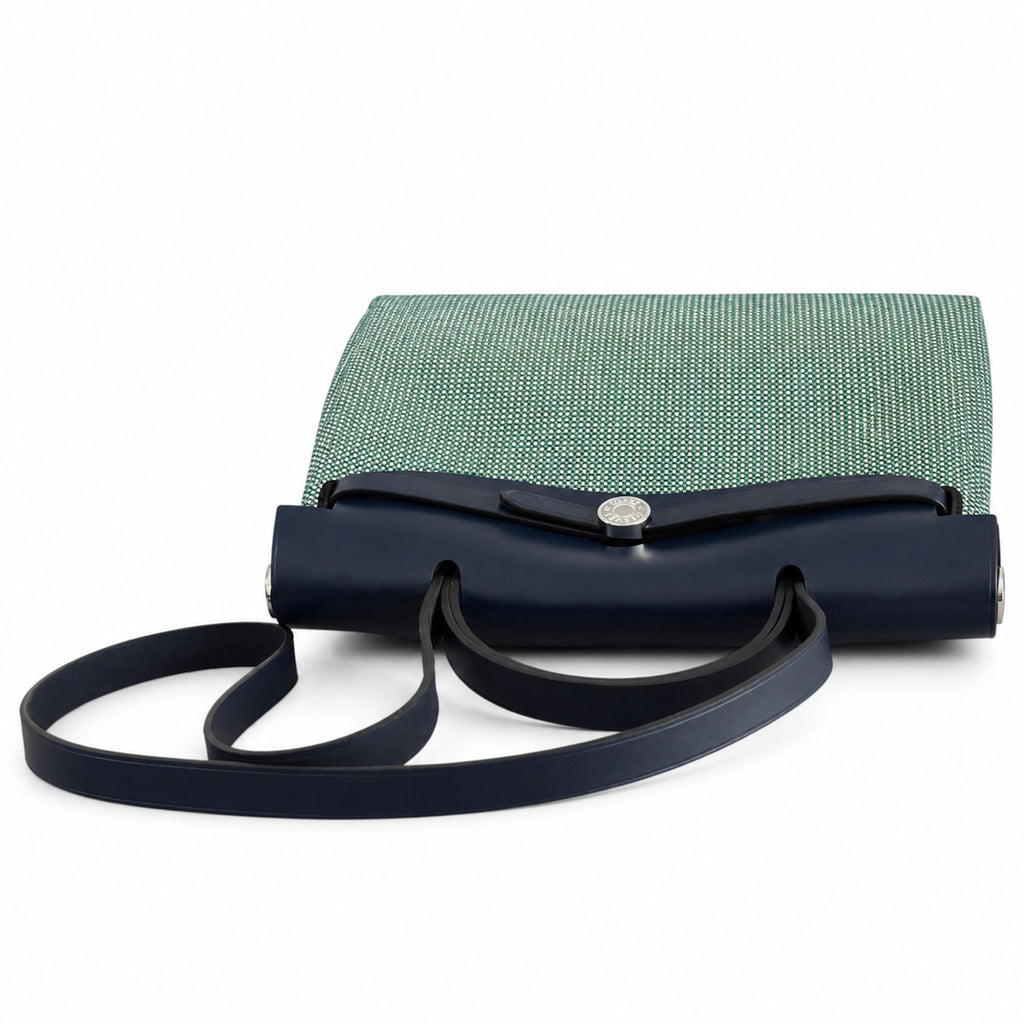 Herbag 31cm Saddle-Inspired Canvas Body with Leather Handle and Shoulder Strap — Elegant Canvas-and-Leather Hand-Carry Bag