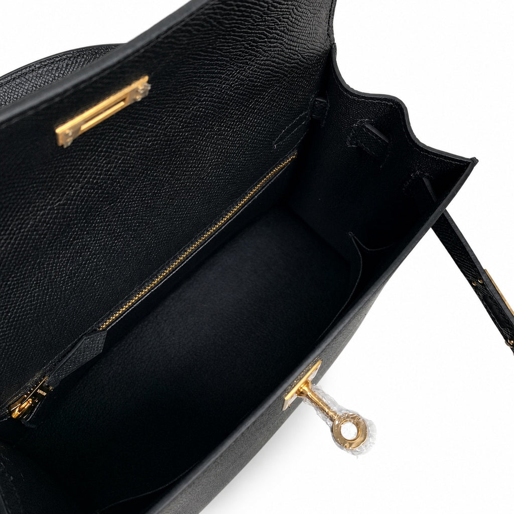 Kelly 25 Black Epsom Gold Buckle, fully handmade with wax thread — Polished Structured Handbag