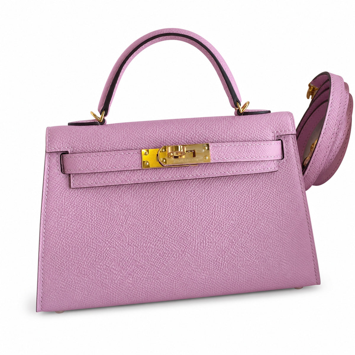 handmade Mini Kelly II 19cm imported Epsom Leather, malva purple, Gold Buckle — Polished Compact Handbag