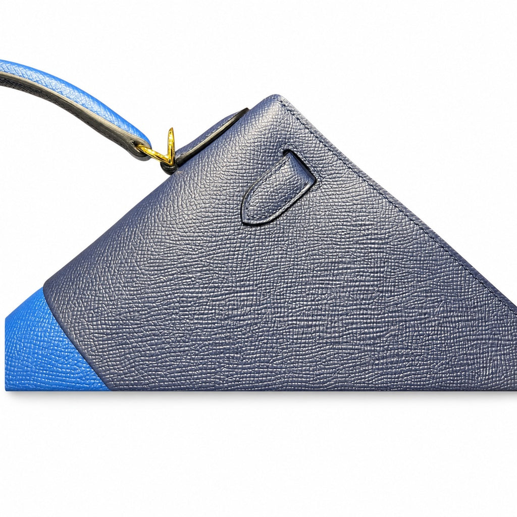 Kelly 28cm Epsom Leather 73 Bleu Saphir sapphire blue combined with 71 Bleu France French blue top handcraft — Refined Top-Handle Bag