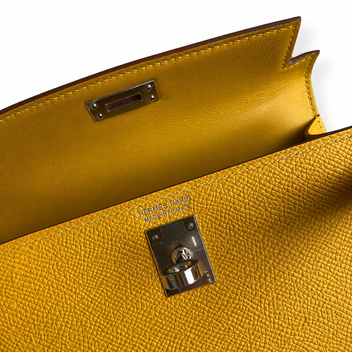 handmade Mini Kelly II 19cm imported Epsom Leather amber yellow Silver Buckle — Elegant Compact Carry Style