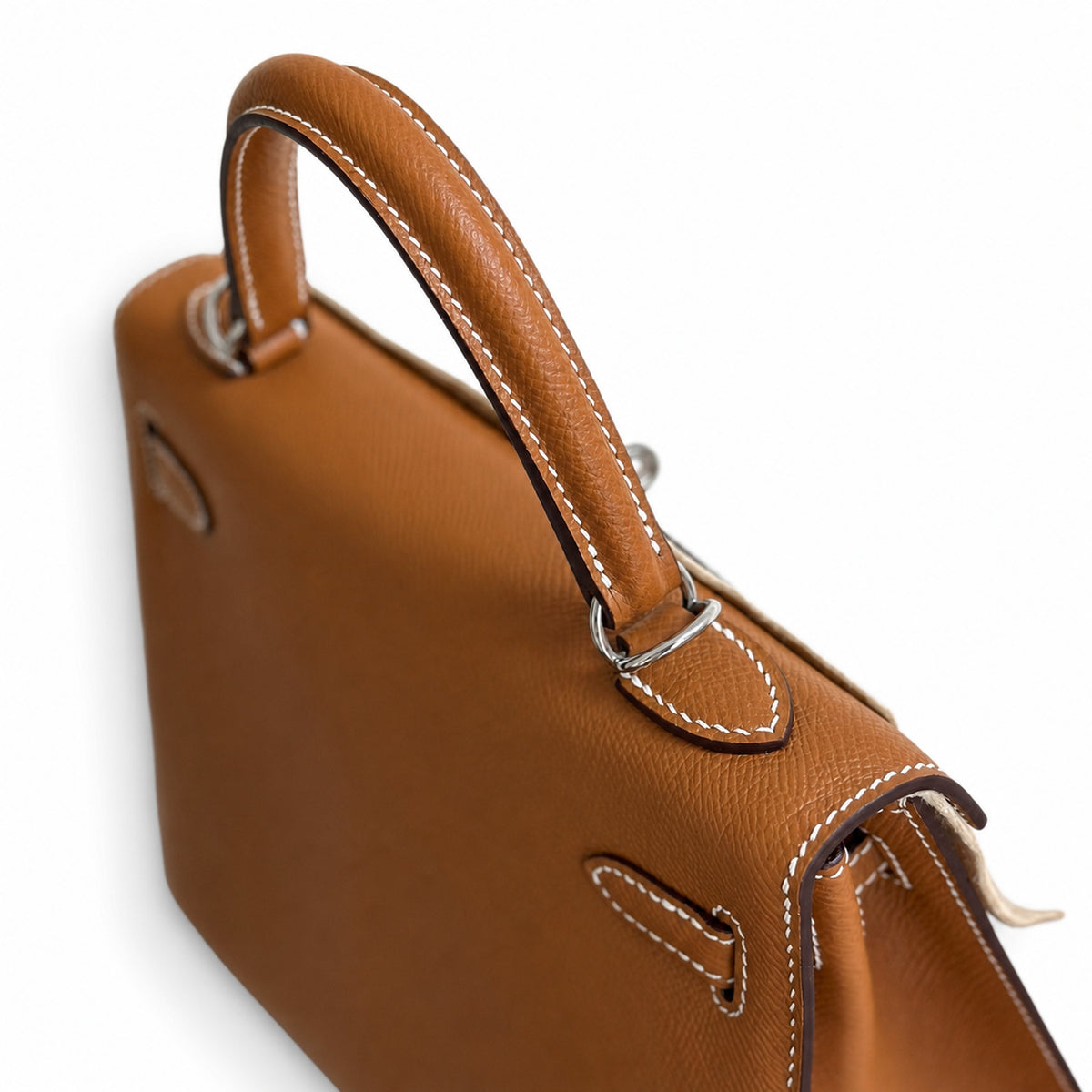 Golden Brown, Gold and Silver buckles, Kelly 25, imported Epsom — Polished Structured Handbag