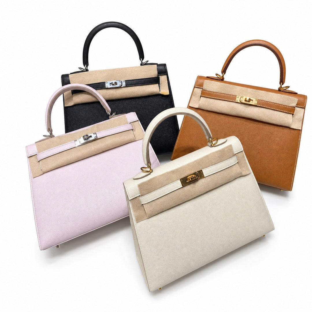 Epsom Kelly 25 1⃣ Black Silver 2⃣ Golden Brown Gold 3⃣ 09 Fantasy Pink Silver 4⃣ Milkshake Platinum — Polished Structured Handbag
