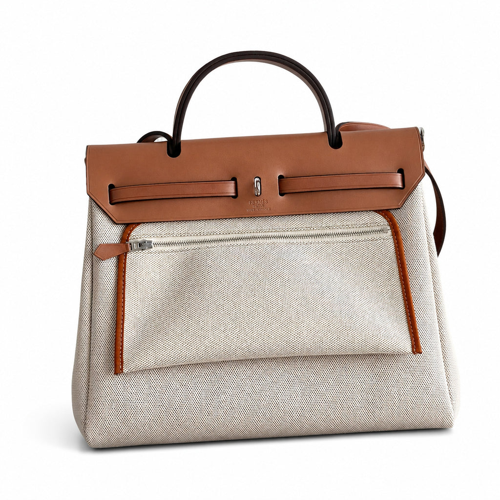 Canvas Body, Leather Handle and Shoulder Strap: Herbag 31cm Saddle-Inspired Canvas Body with Leather Handle and Shoulder Strap