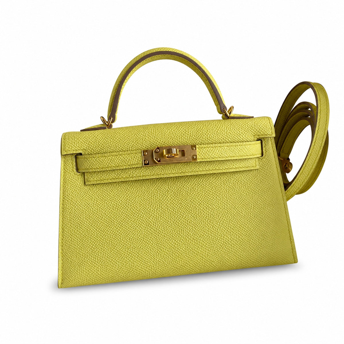 handmade Mini Kelly II 19cm imported Epsom Leather lemon yellow Gold Buckle — Elegant Compact Carry Style